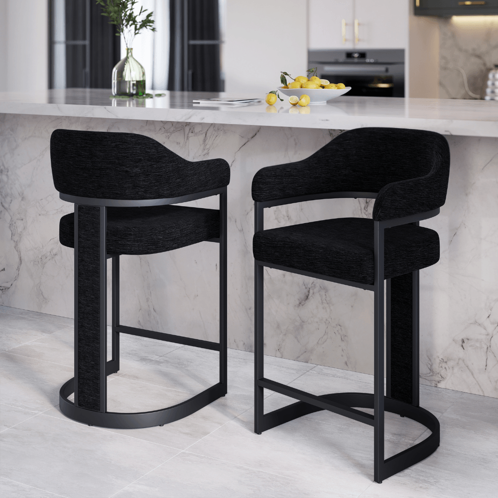 Camilla Curved Black Chenille Barstool