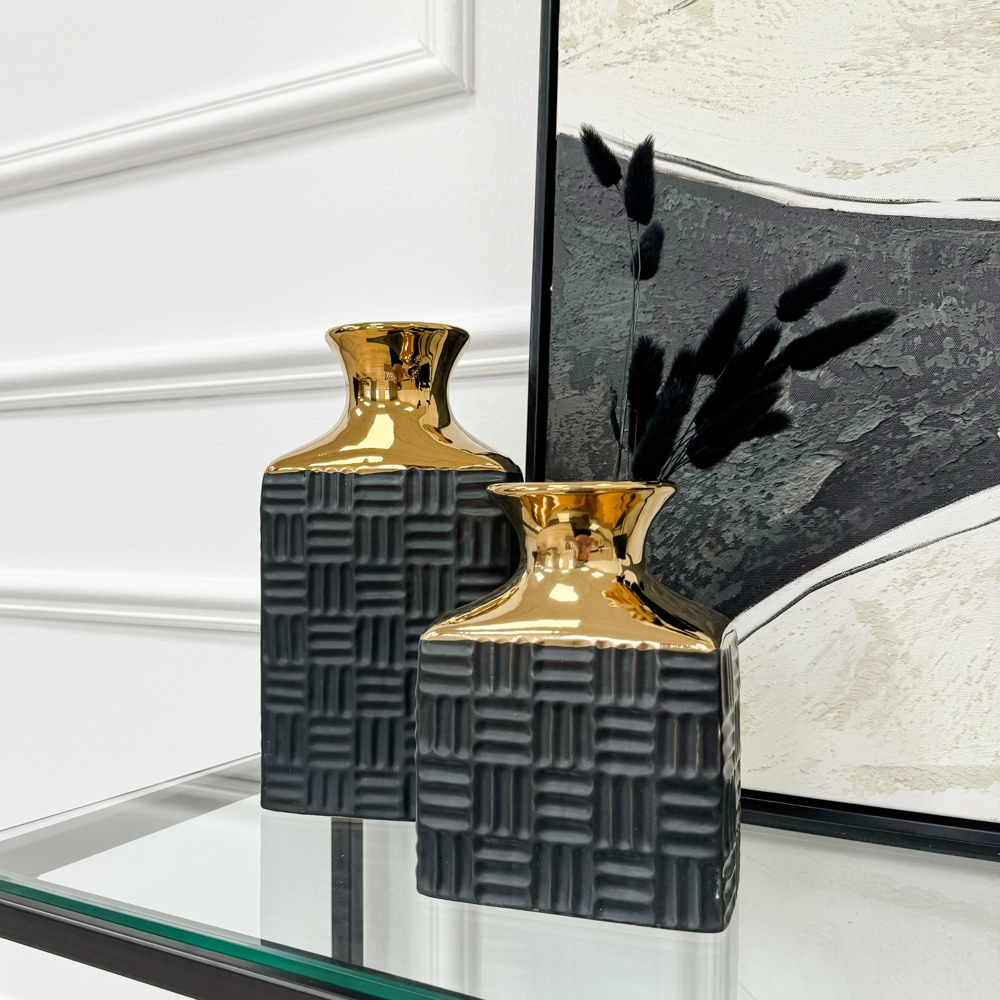 Tall Rectangular Black and Gold Textured Vase