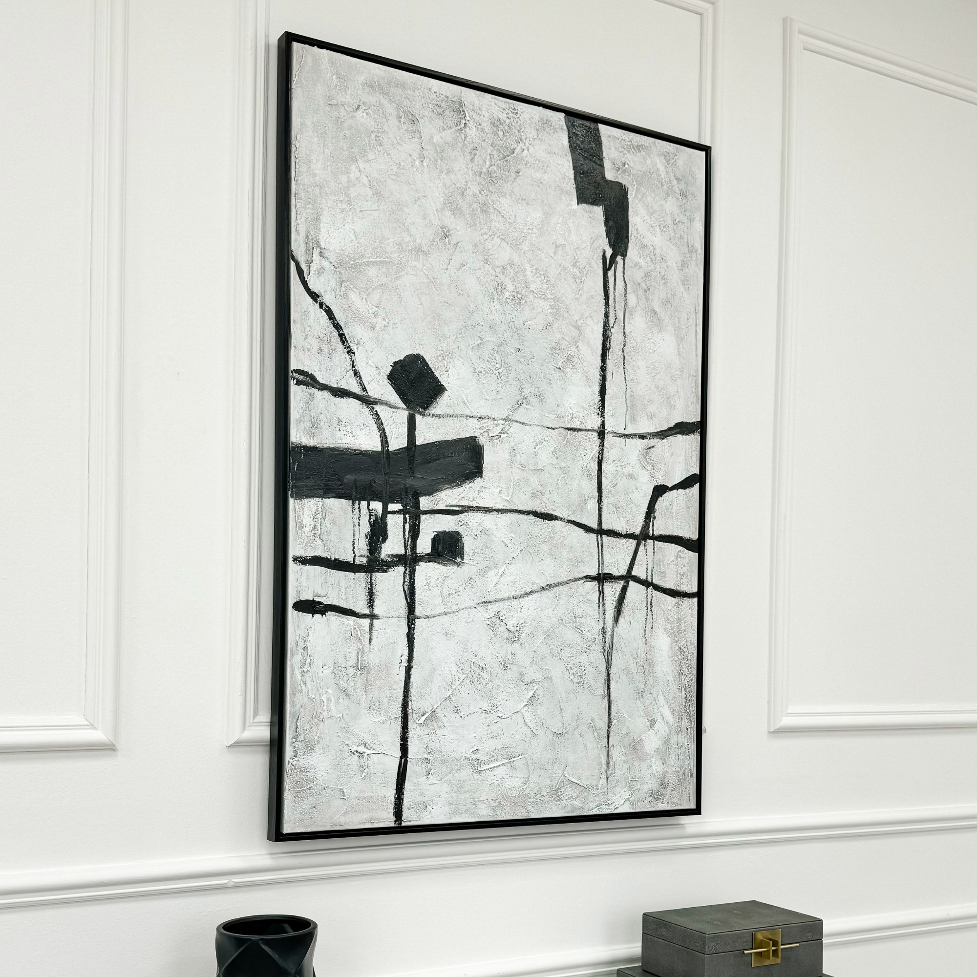 Grey and White Abstract Canvas with Black Frame