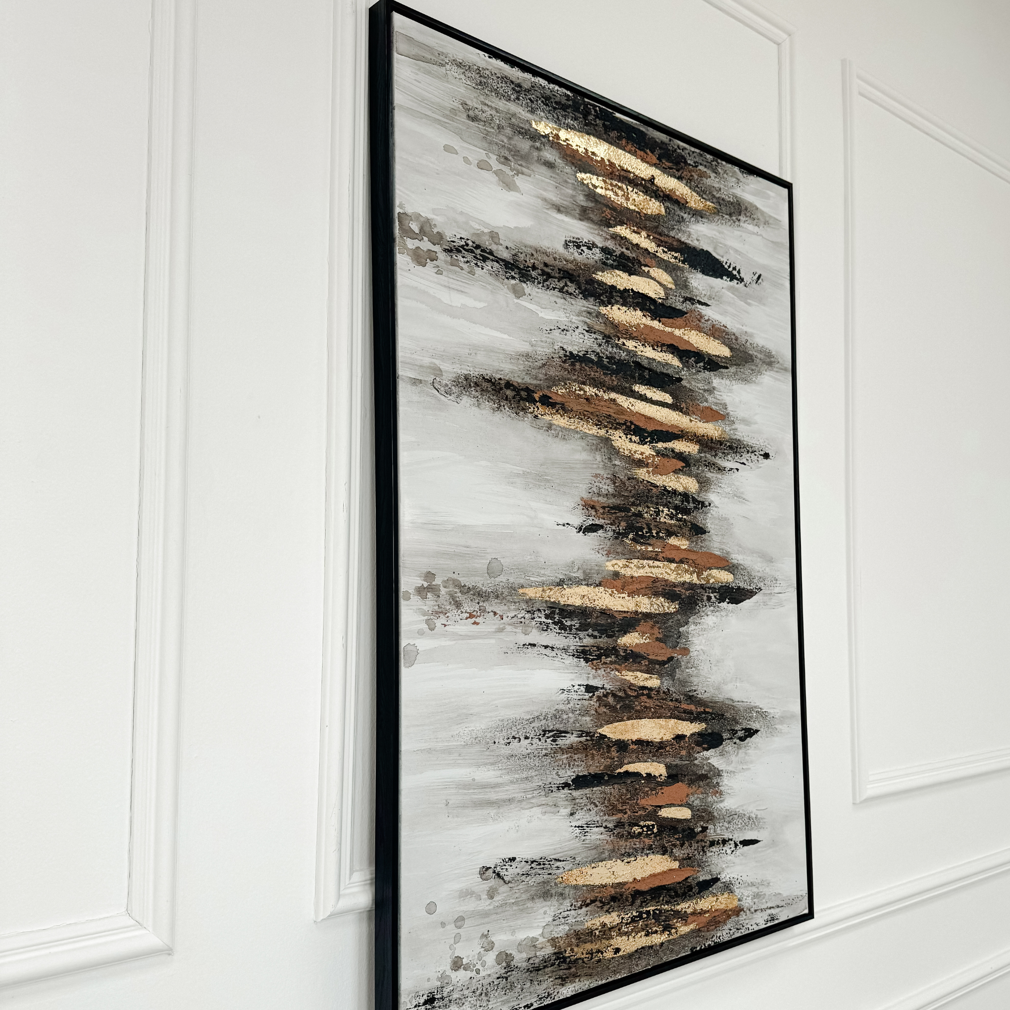 White and Black Brushwork Wall Art with Gold Accents and Black Frame