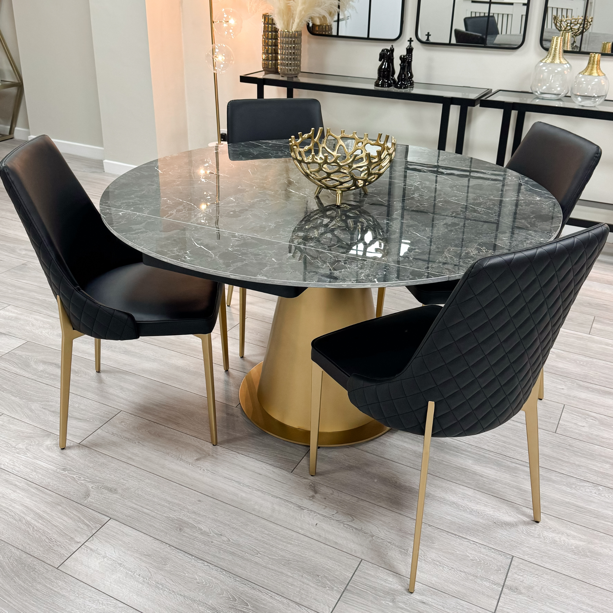 Black Ceramic Marble Effect Extending Table with 4 Black Faux Leather Chair Set