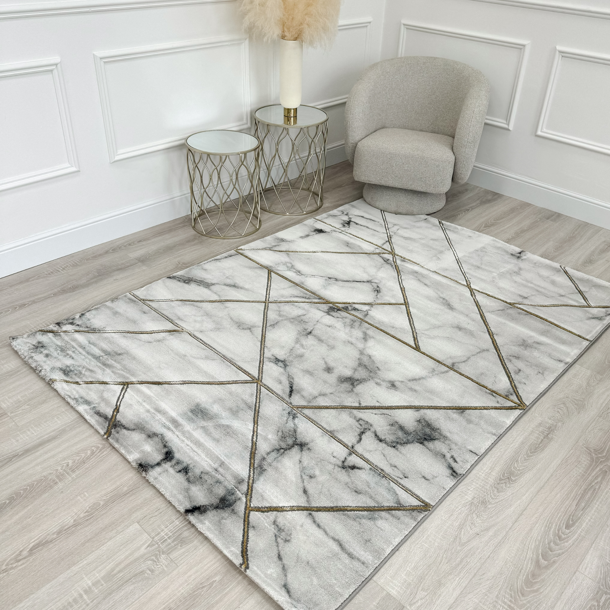 Light Grey & Gold Marble Effect Geometric Rug 160 x 220