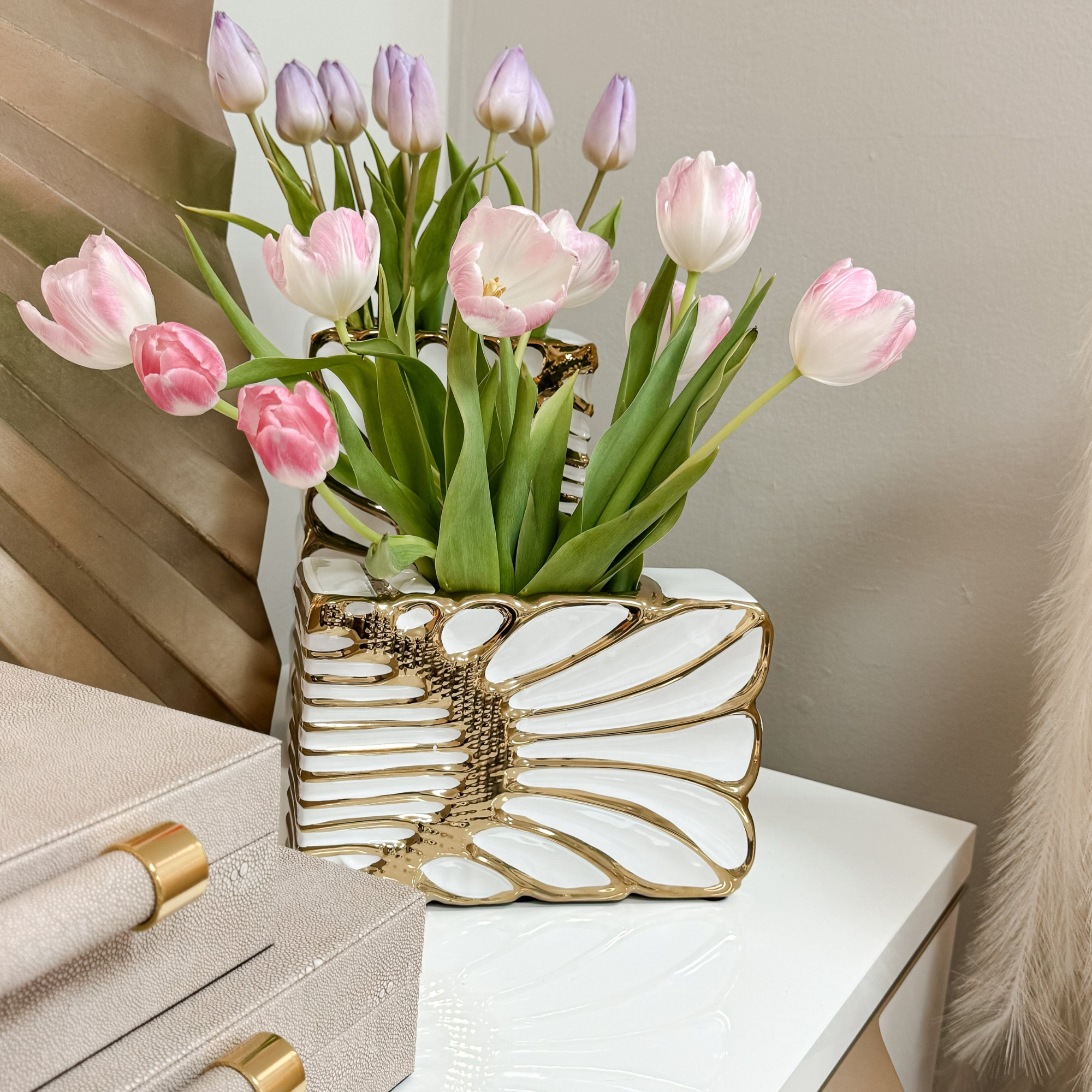 Broad Rectangular Ceramic Vase with Raised Gold Detail