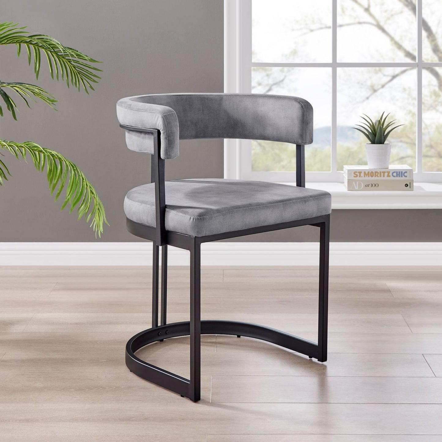 Curved Grey Velvet and Black Frame Dining Chair