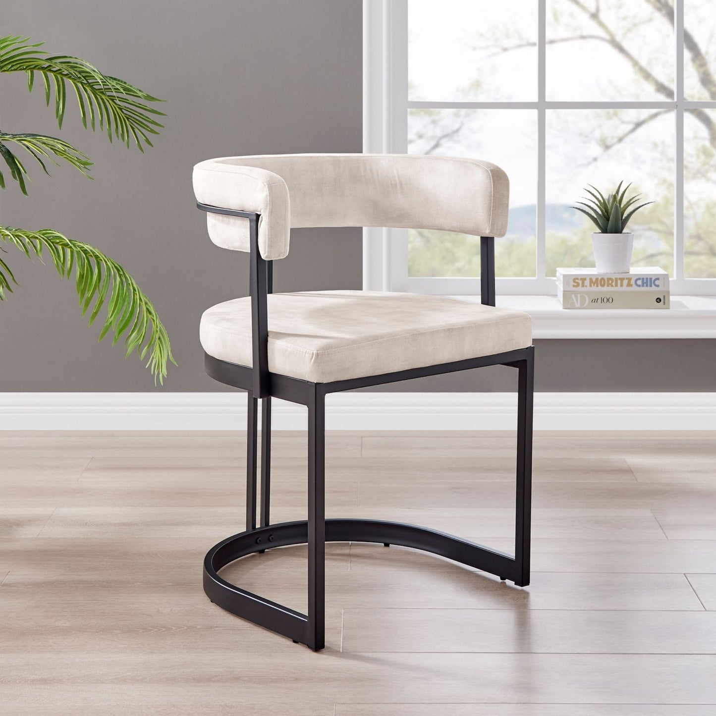 Curved Cream Velvet and Black Frame Dining Chair