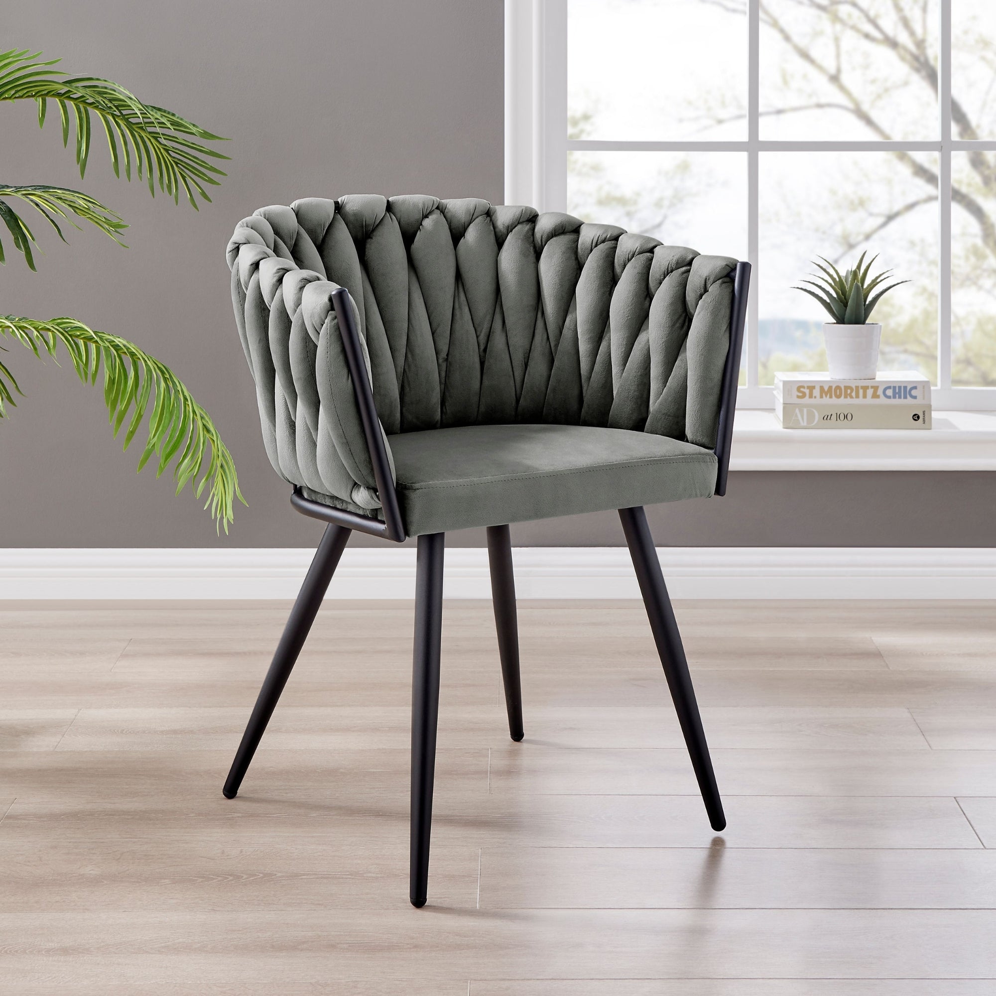 Iris Grey Velvet Braided Weave Dining Chair With Black Frame
