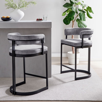 Curved Grey Velvet and Black Frame Counter Stool