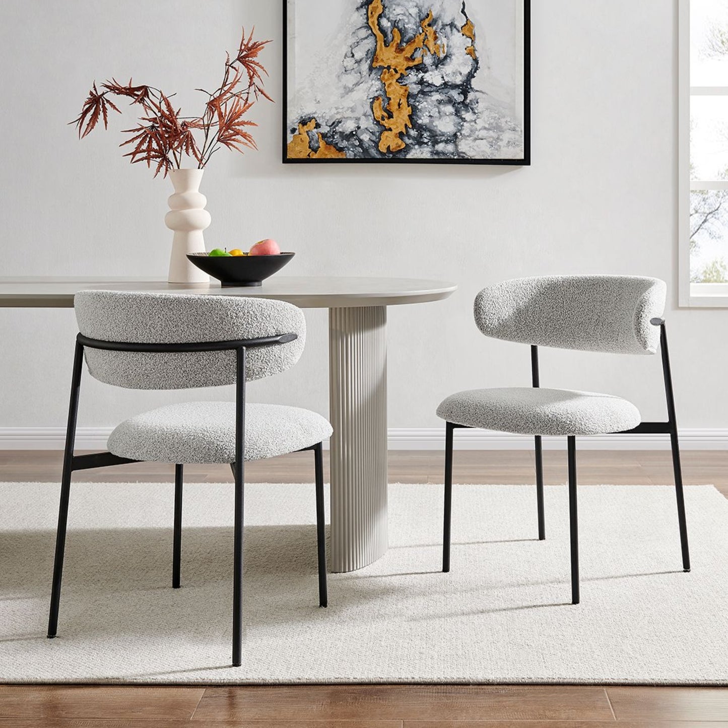 Light Grey Boucle Dining Chair with Black Frame