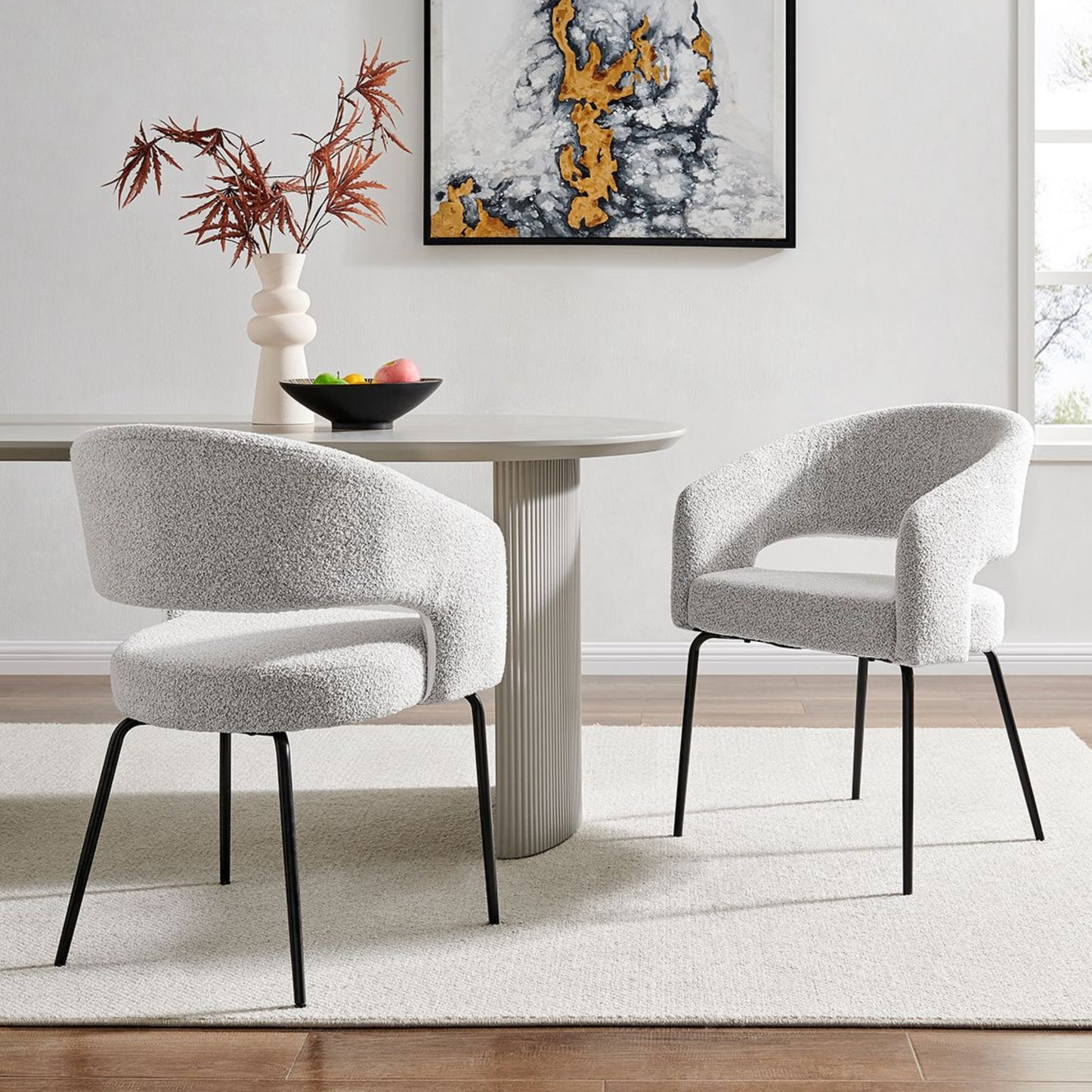 Light Grey Boucle Dining Chair with Black Legs