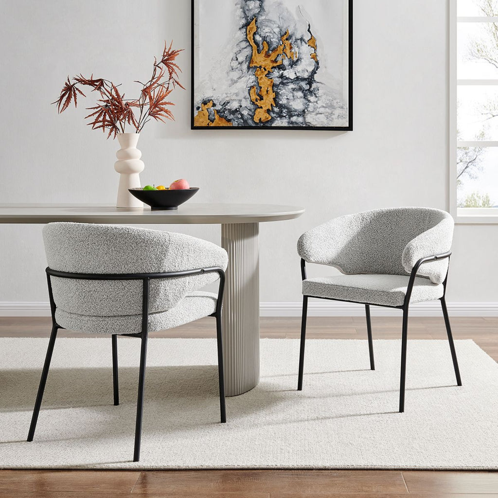 Capri Light Grey Boucle Dining Chair with Sleek Black Frame