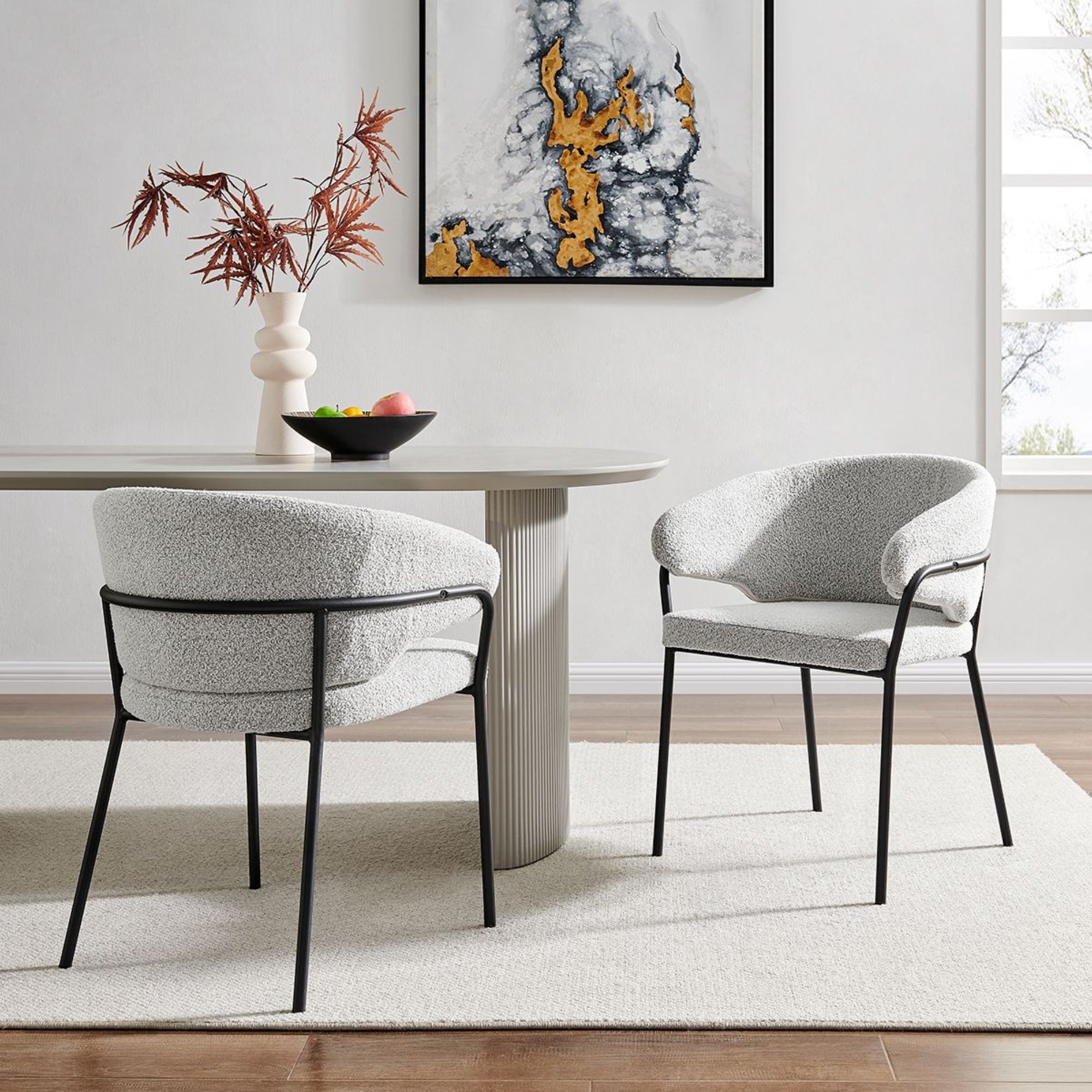 Capri Light Grey Boucle Dining Chair with Sleek Black Frame