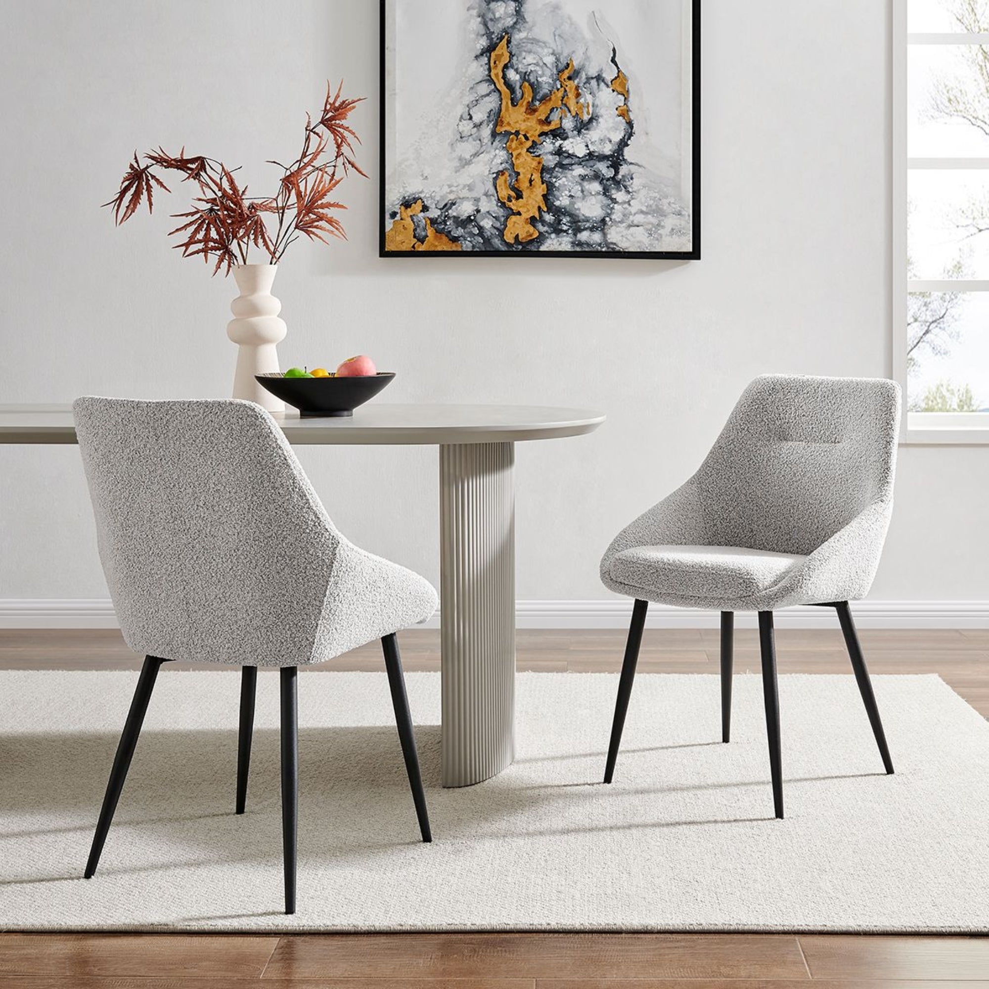 Sage Light Grey Boucle Dining Chair with Black Legs