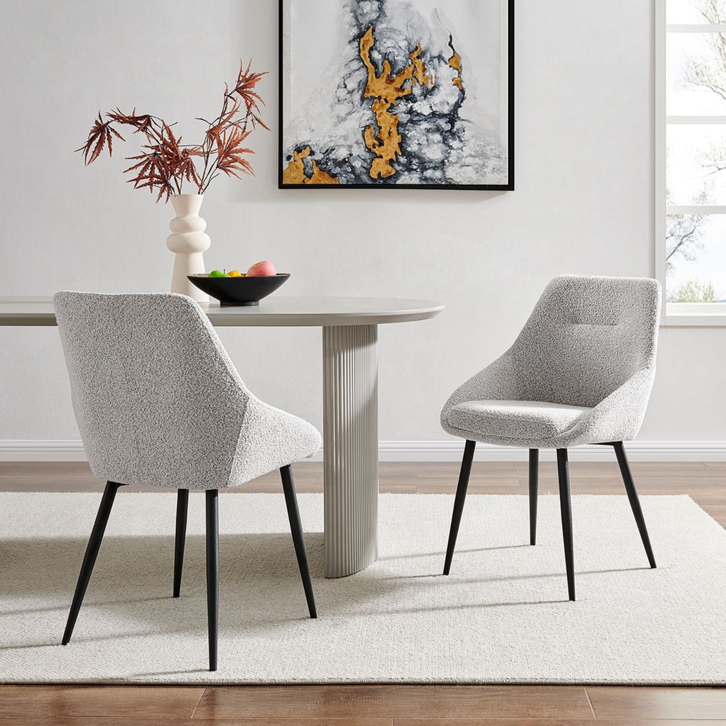 Sage Light Grey Boucle Dining Chair with Black Legs