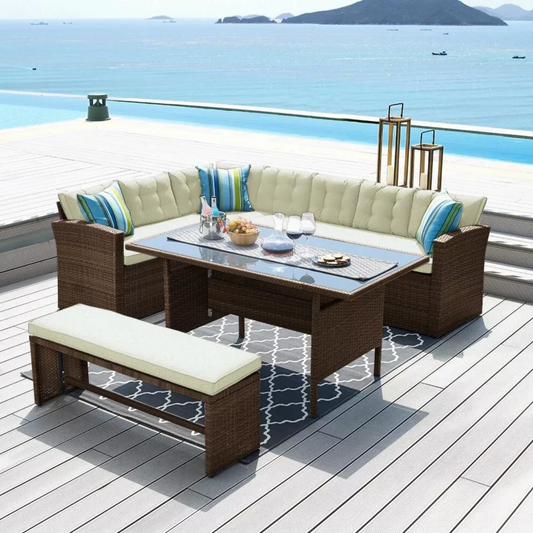 Vegas 9 Seater Brown Rattan Corner Dining Set with Bench