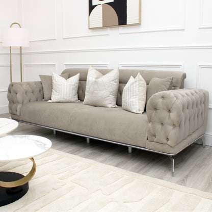 Yasmin Buttoned Greige Velvet 2 Seater Sofa With Silver Legs