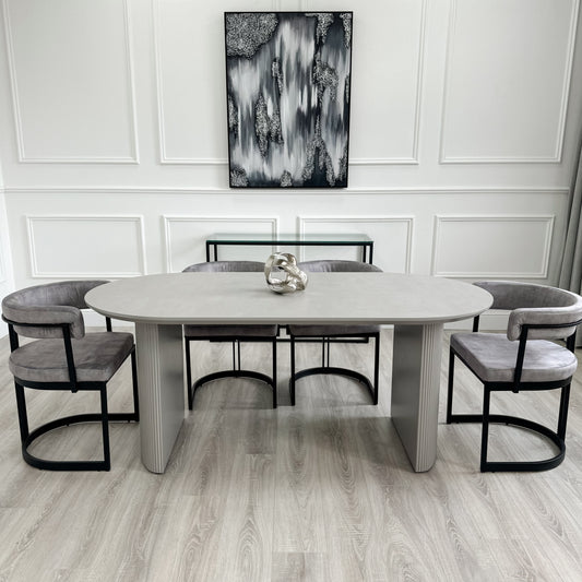 Light Grey Ribbed Wooden Dining Table with Curved Grey Velvet Chairs