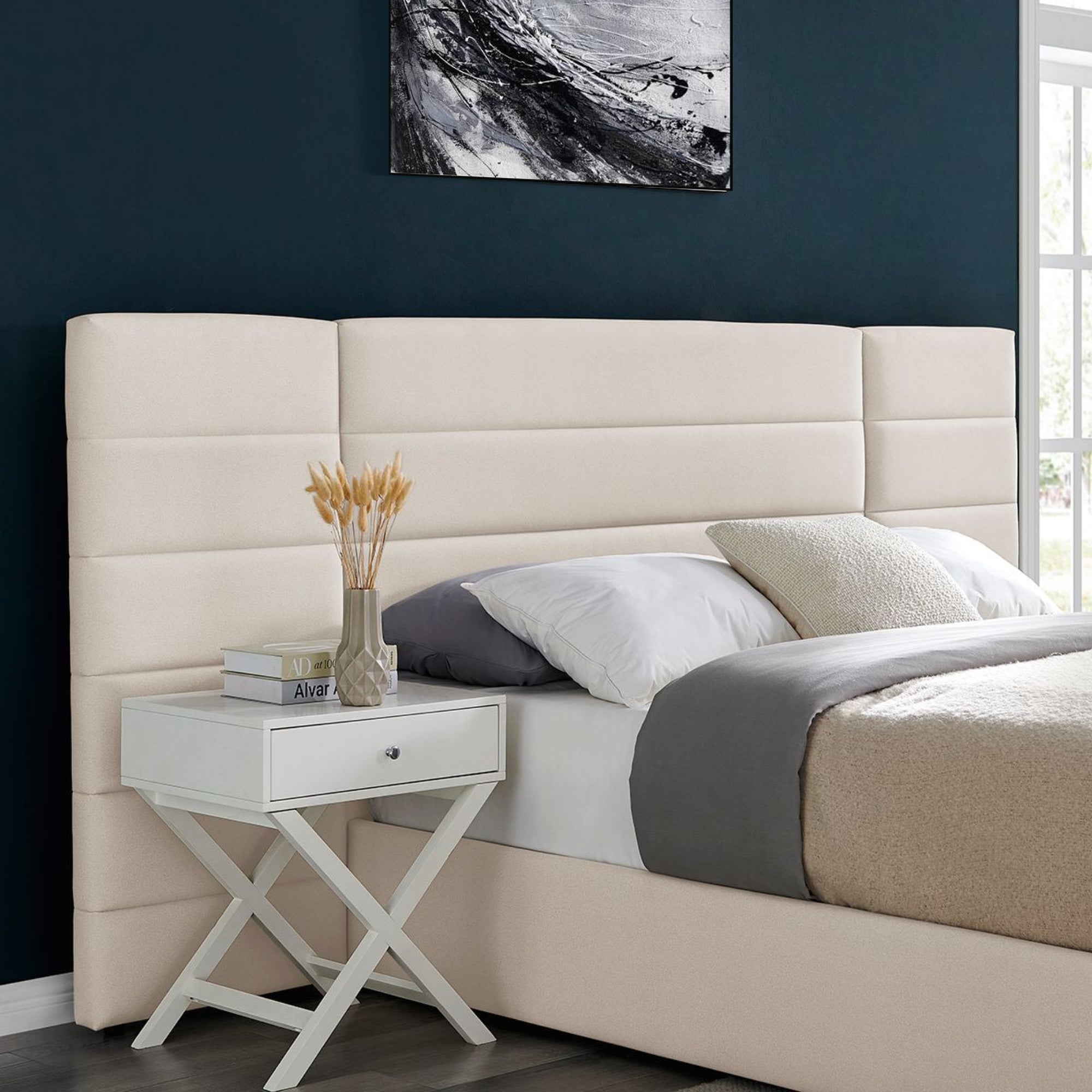 Amara Beige Wide Panel Fabric Headboard Ottoman Storage Bed King Size