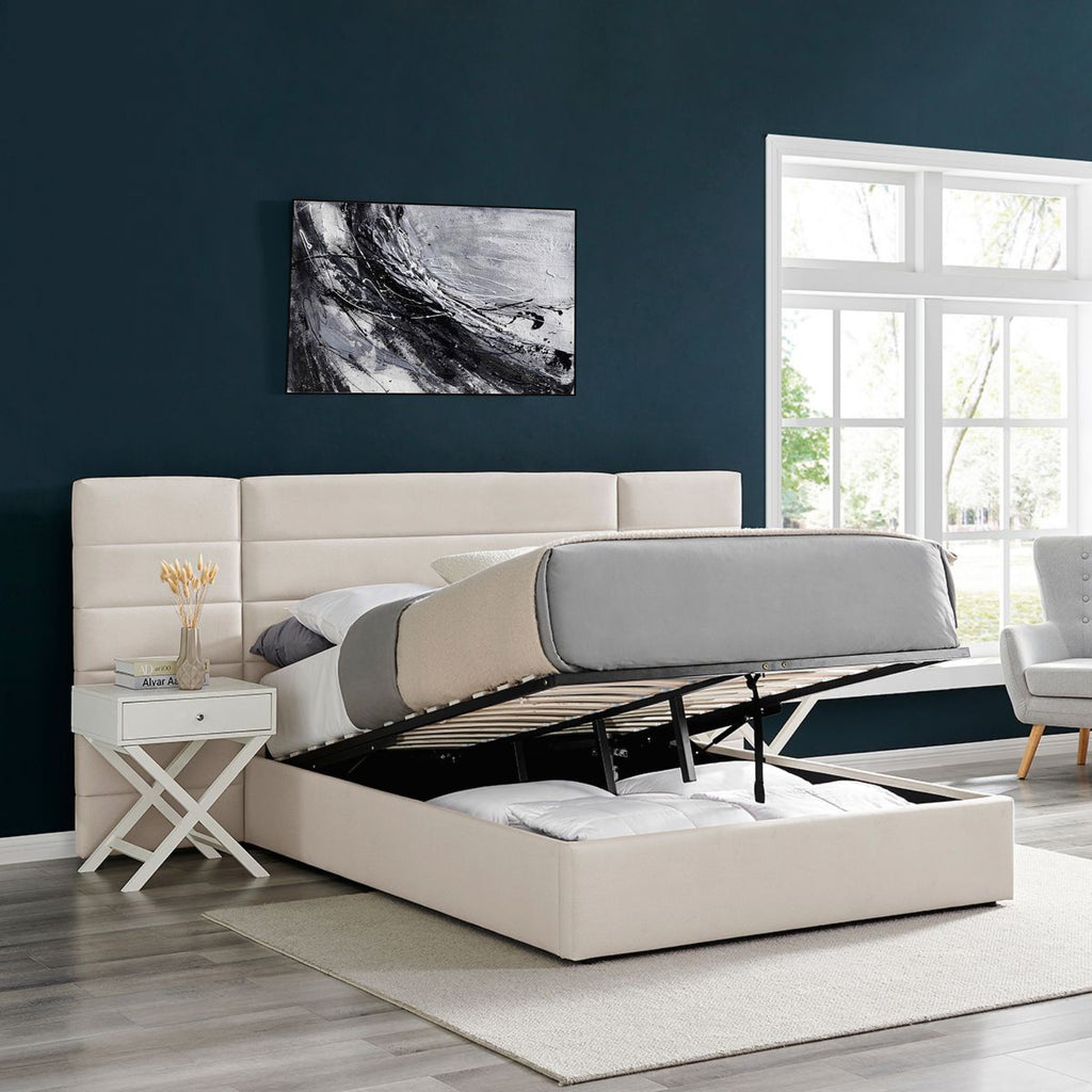 Amara Beige Wide Panel Fabric Headboard Ottoman Storage Bed King Size