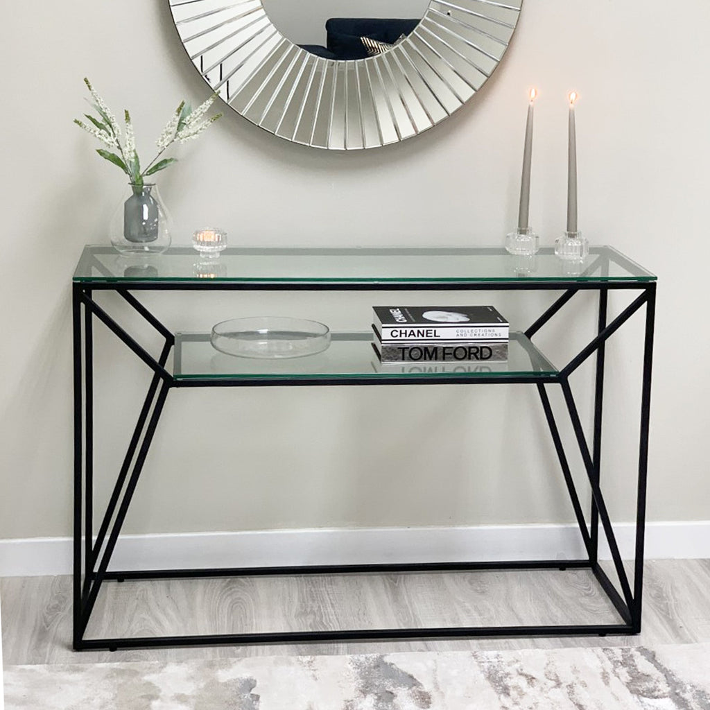 Ava Clear Glass Console Table With Matte Black Frame