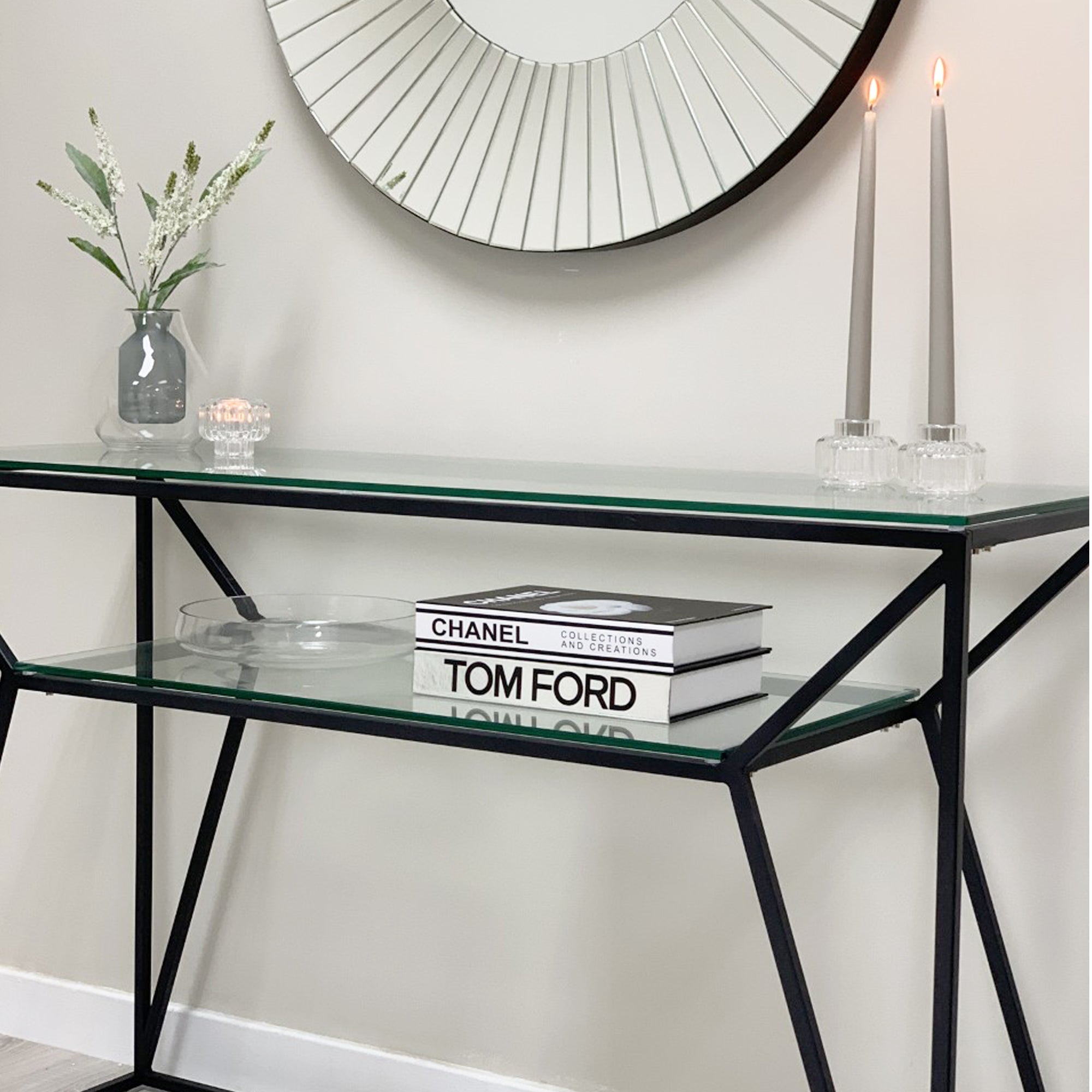 Ava Clear Glass Console Table With Matte Black Frame