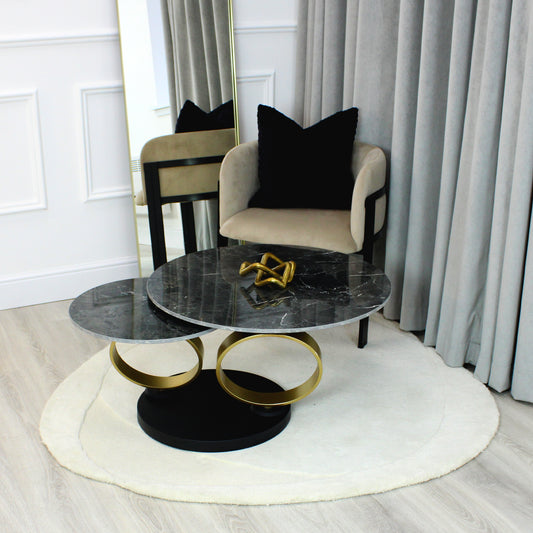 Black Ceramic Swivel Coffee Table Marble Effect With Gold Base