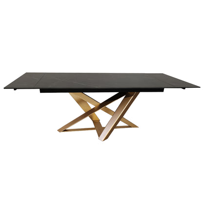 Black Matte Ceramic Marble Effect Extending Dining Table With Gold Base