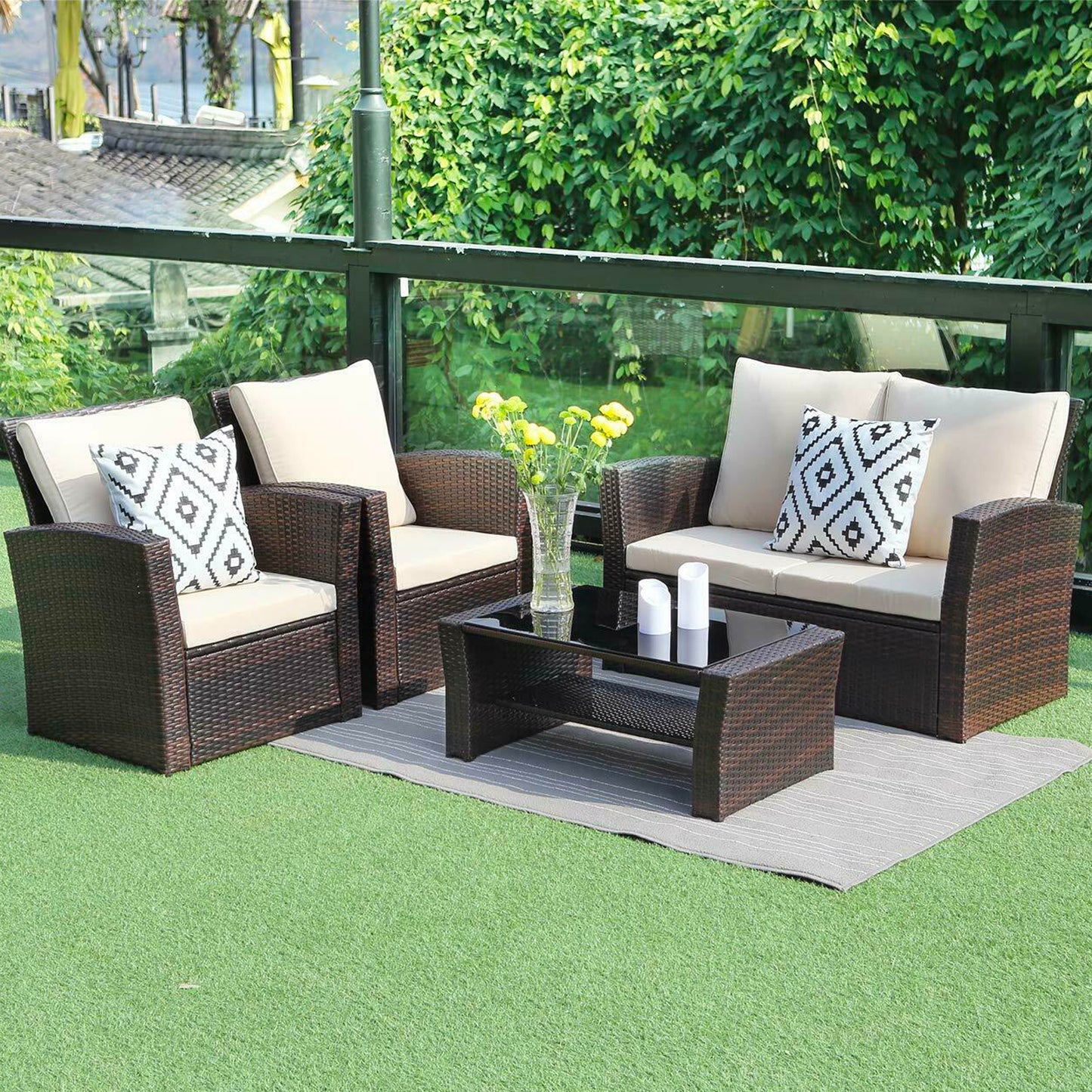 Brown Rattan Garden Furniture with Two Chairs, Sofa and Table