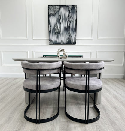 Light Grey Ribbed Wooden Dining Table with Curved Grey Velvet Chairs