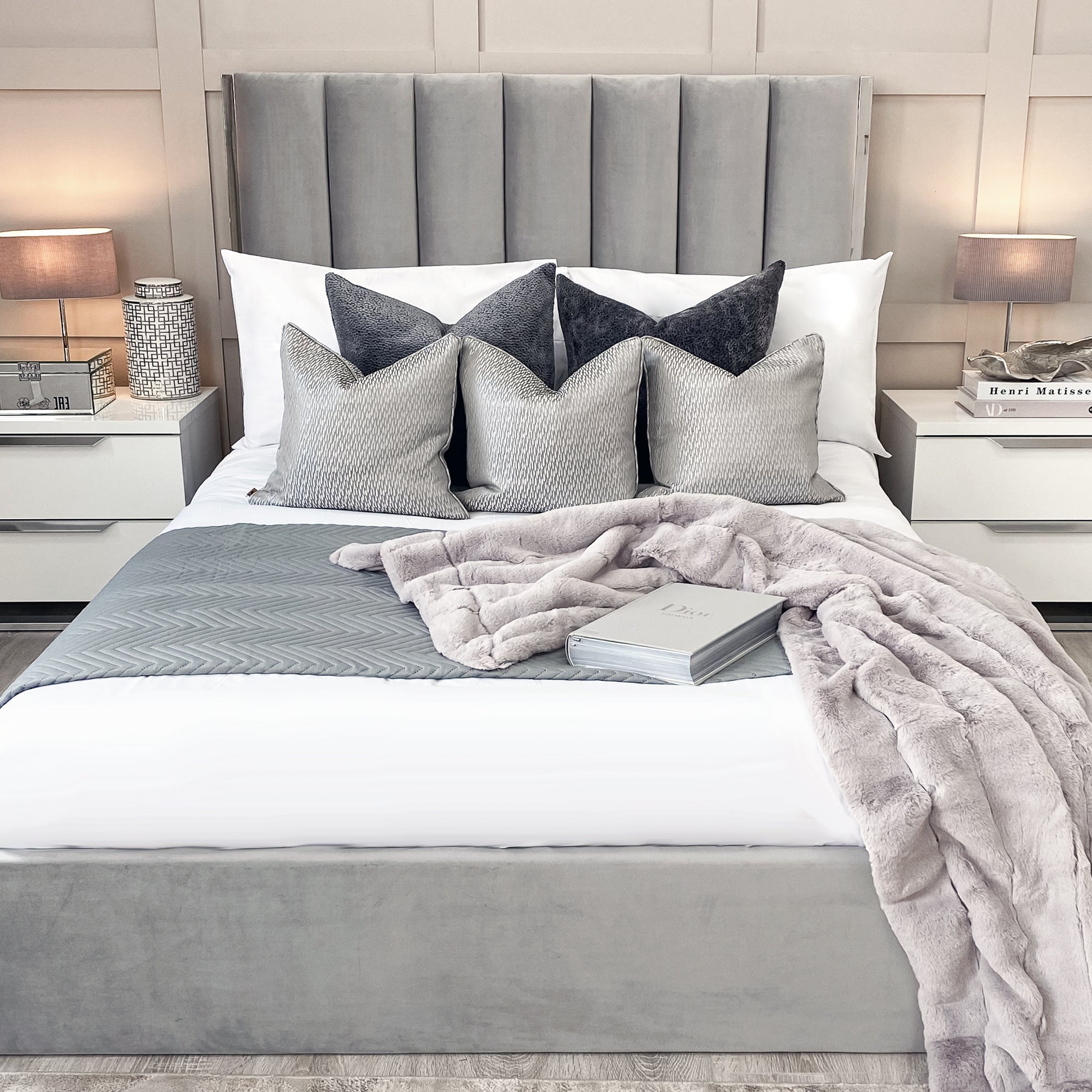 Chloe Light Grey Bed With Silver Trim And Ottoman Storage