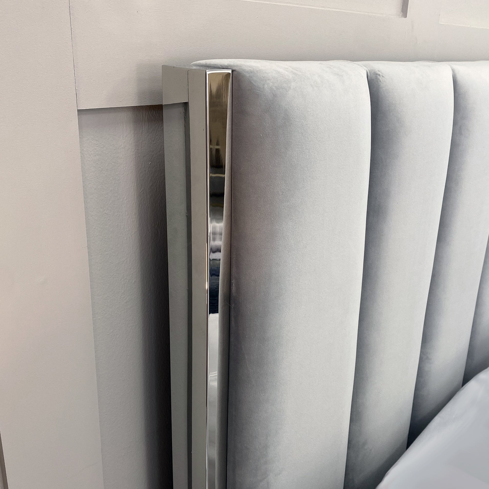 Chloe Light Grey Bed With Silver Trim And Ottoman Storage