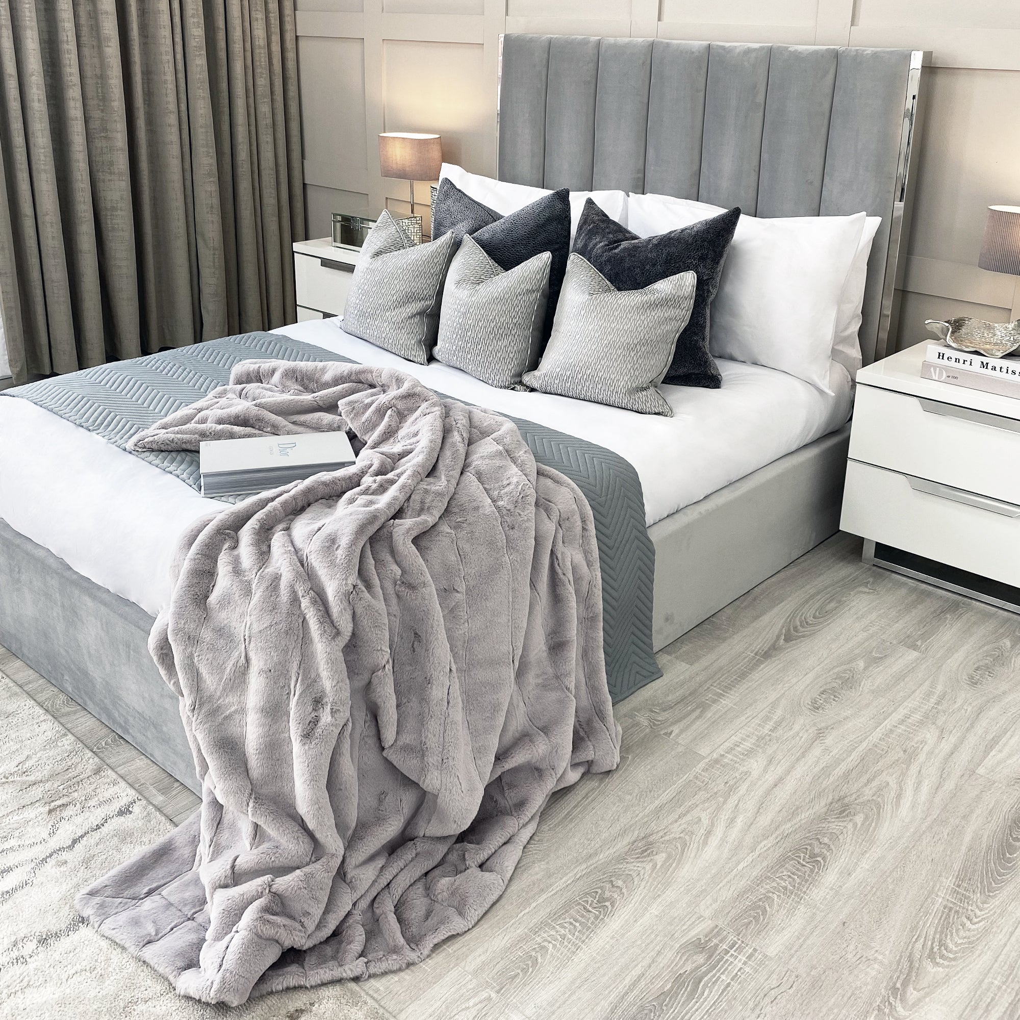 Chloe Light Grey Bed With Silver Trim And Ottoman Storage