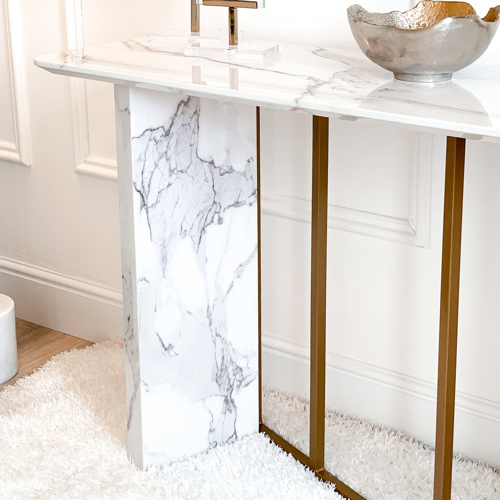 White and Gold Faux Marble Effect Console Table EX DISPLAY