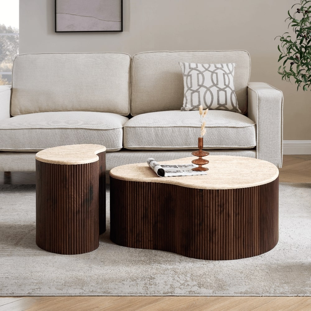 Fariya Ribbed Walnut Wood Coffee Table Set With Travertine Effect