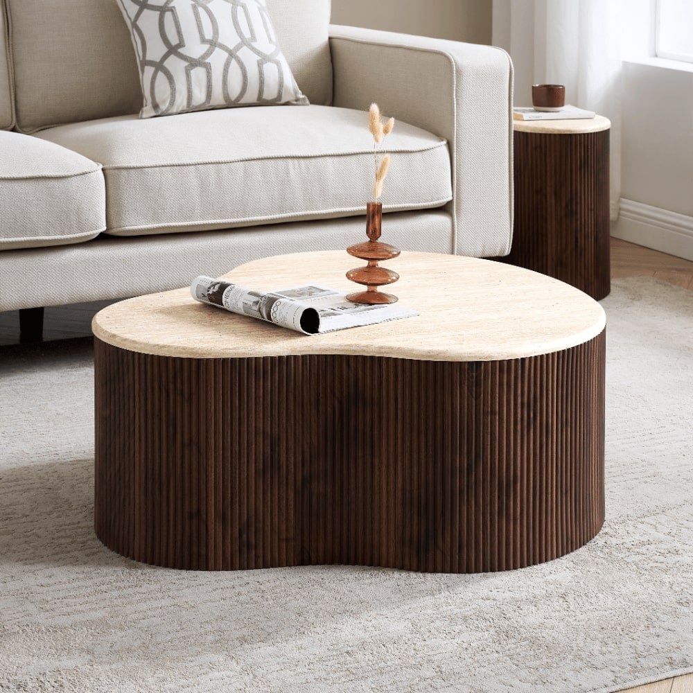 Fariya Ribbed Walnut Wood Coffee Table Set With Travertine Effect