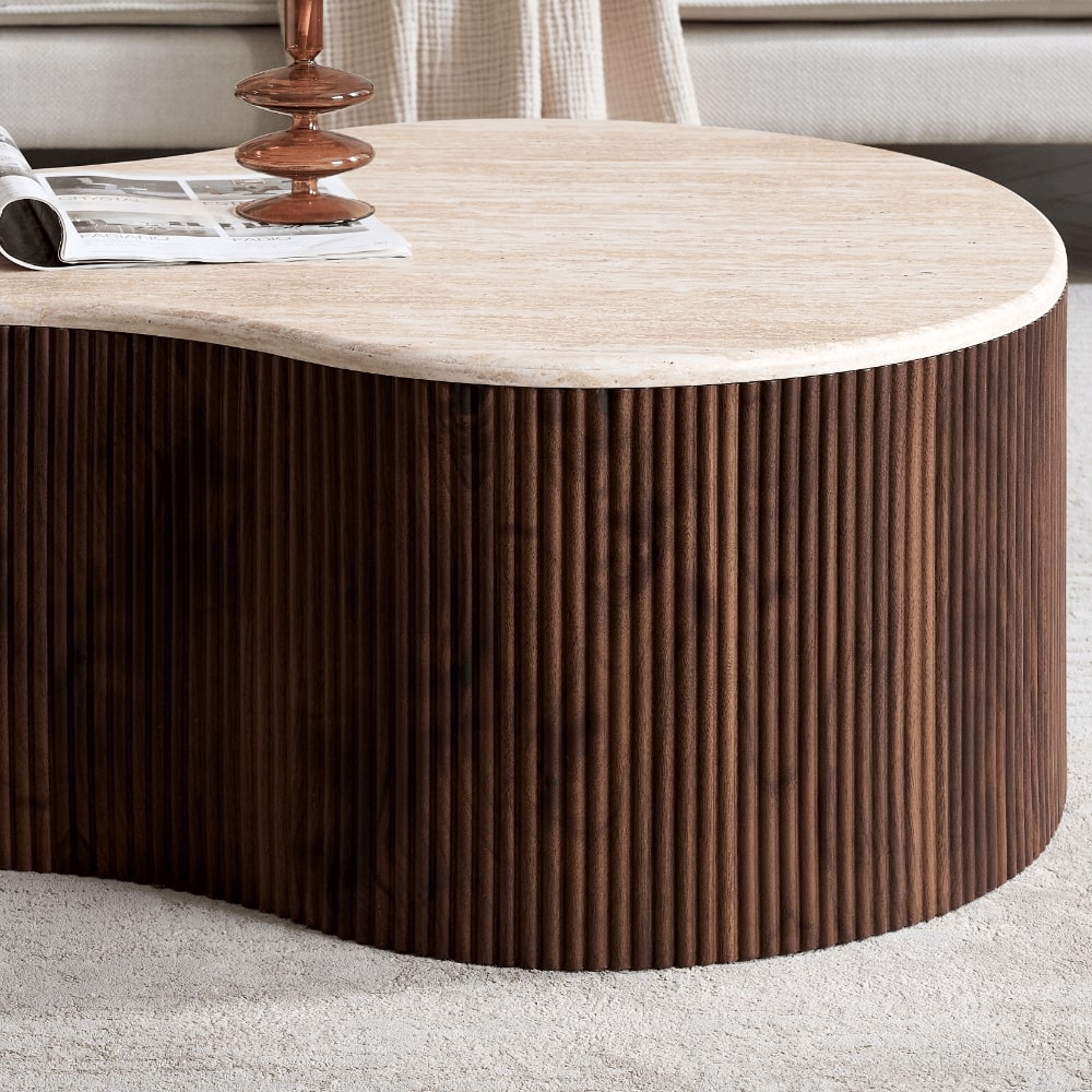 Fariya Ribbed Walnut Wood Coffee Table Set With Travertine Effect