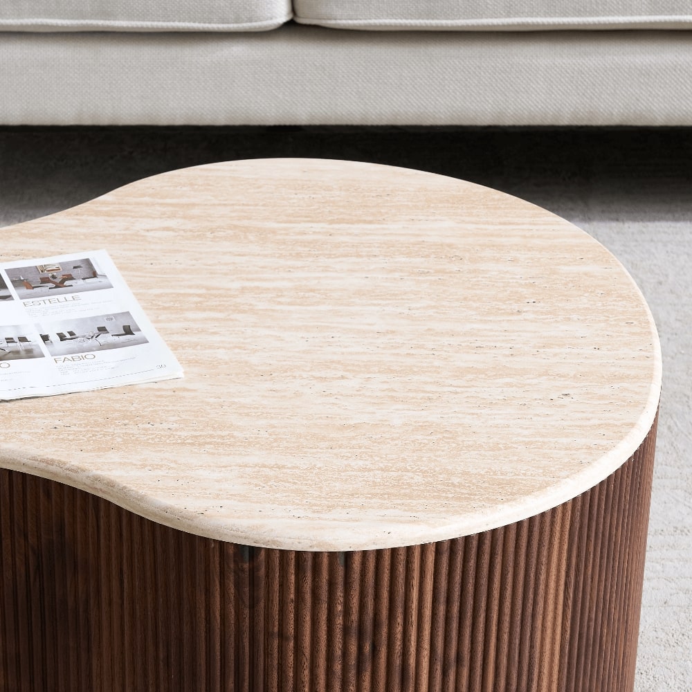 Fariya Ribbed Walnut Wood Coffee Table Set With Travertine Effect