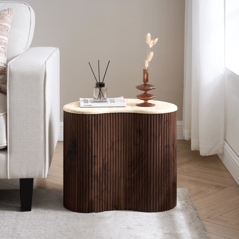 Fariya Ribbed Walnut Wood Coffee Table Set With Travertine Effect