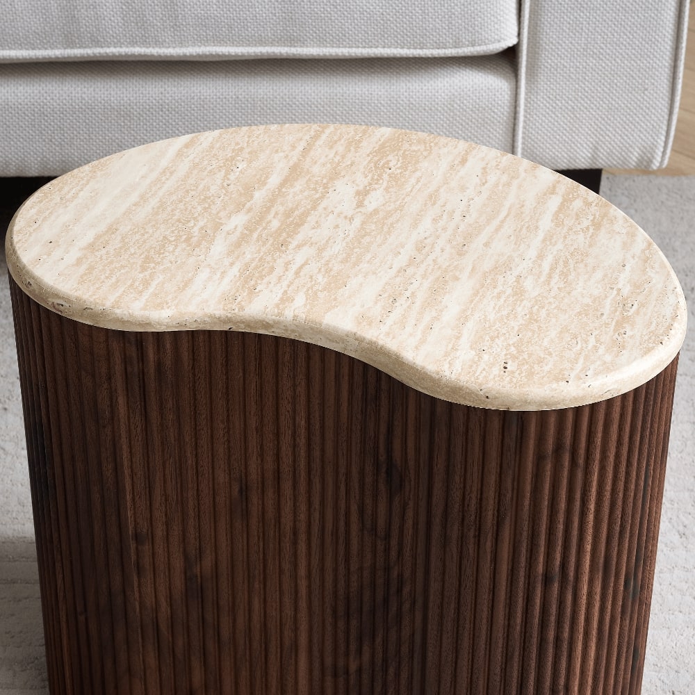 Fariya Ribbed Walnut Wood Coffee Table Set With Travertine Effect