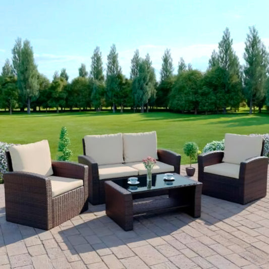 Brown Rattan Garden Furniture with Two Chairs, Sofa and Table
