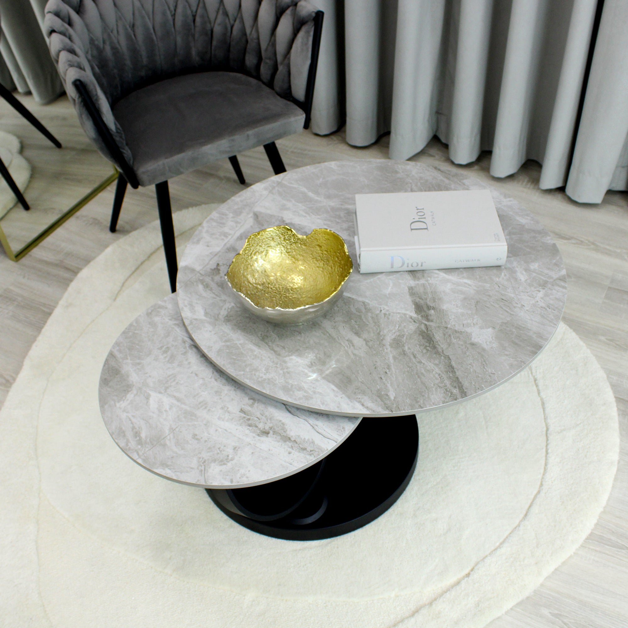 Grey Ceramic Swivel Coffee Table Marble Effect With Black Base