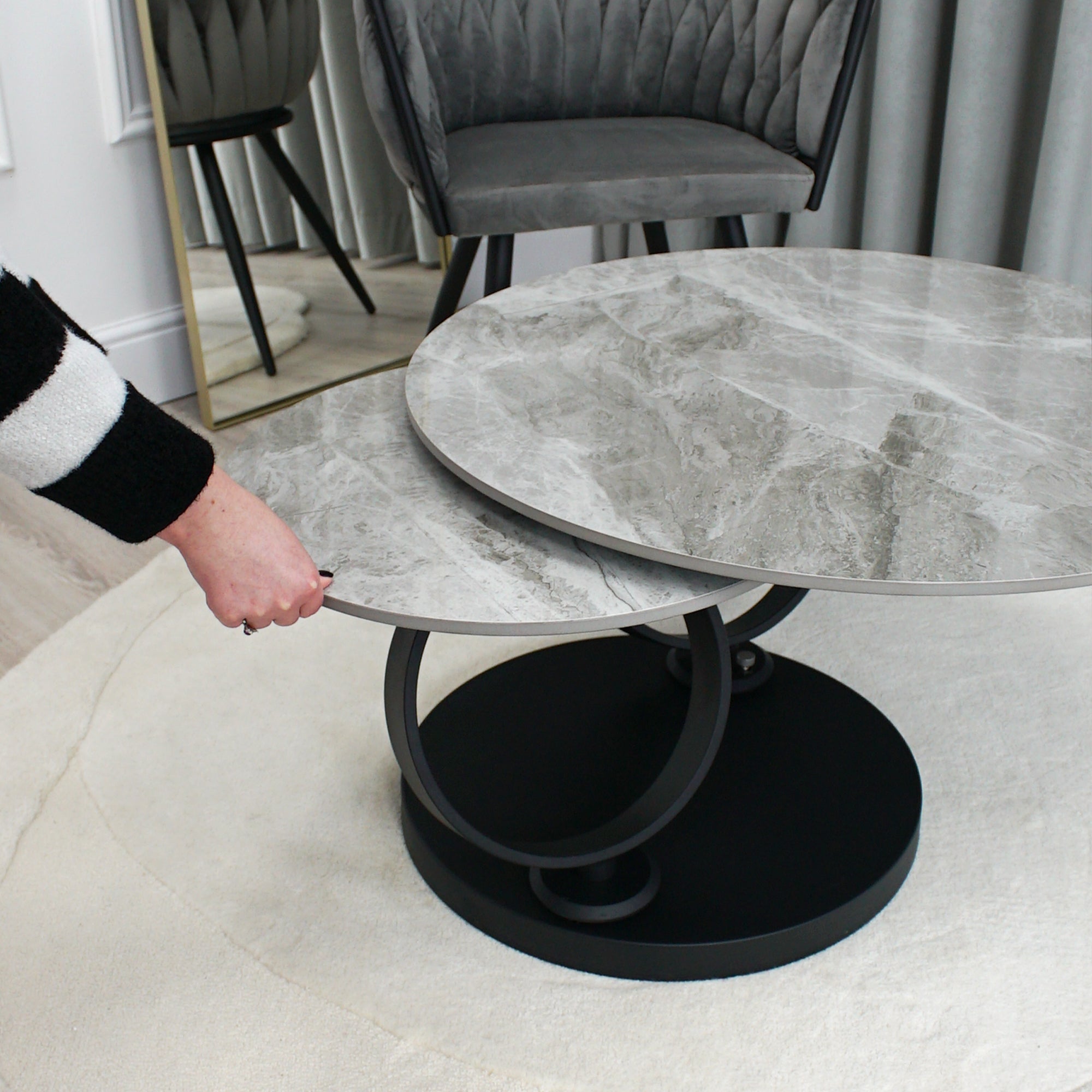 Grey Ceramic Swivel Coffee Table Marble Effect With Black Base