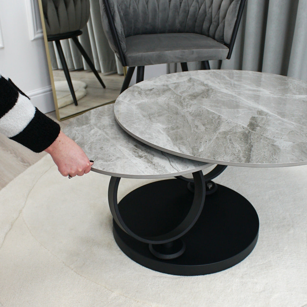 Grey Ceramic Swivel Coffee Table Marble Effect With Black Base