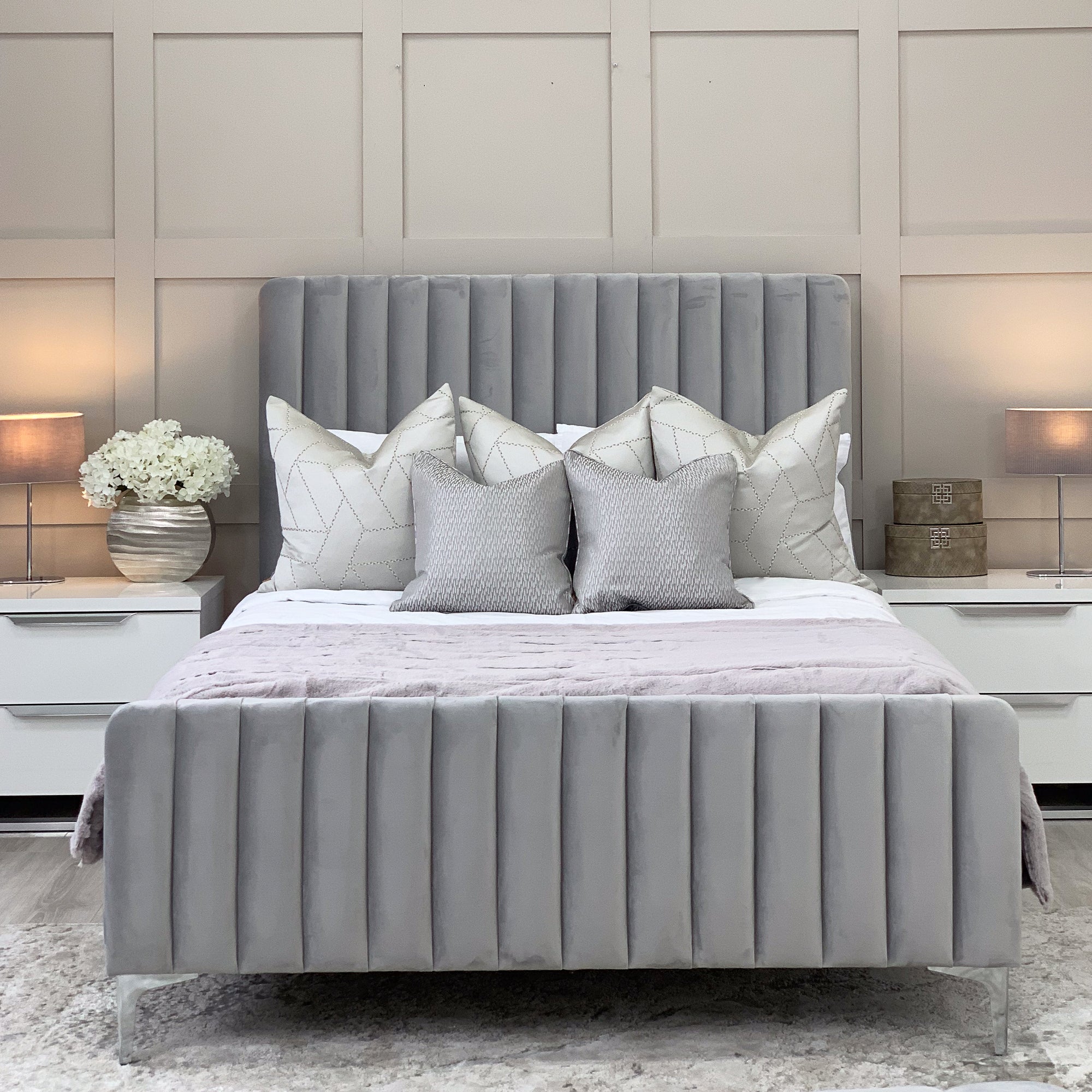 Amelia Grey Chunky Ribbed Headboard Bed