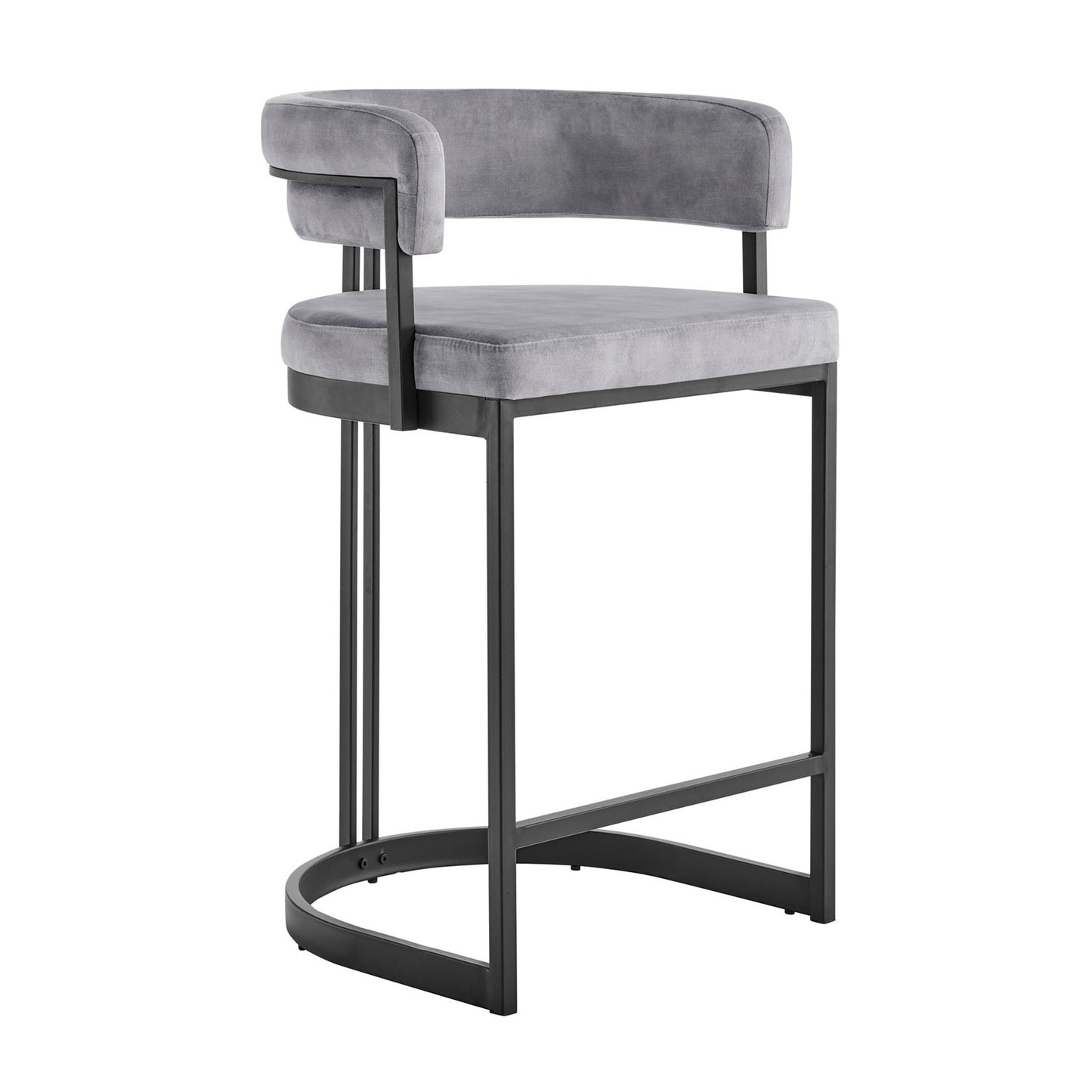 Curved Grey Velvet and Black Frame Counter Stool