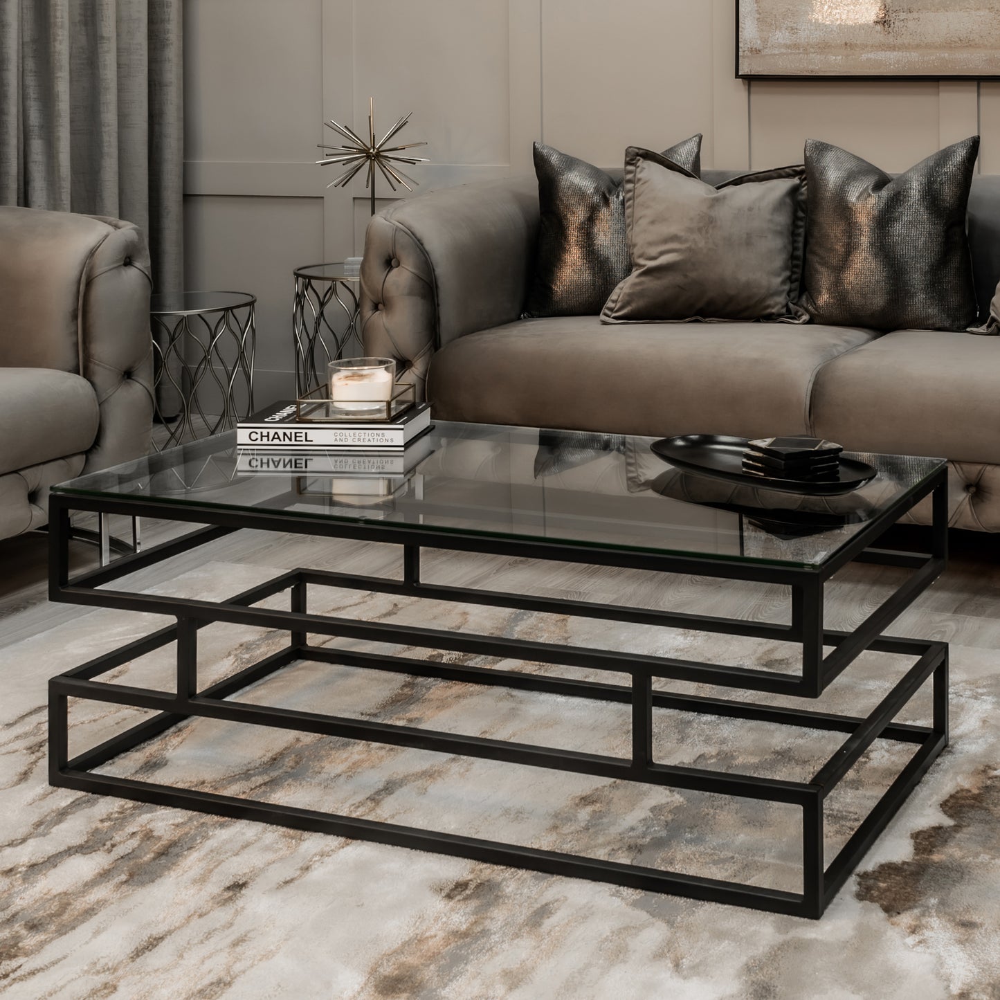 Lina Clear Glass Coffee Table With Matte Black Frame