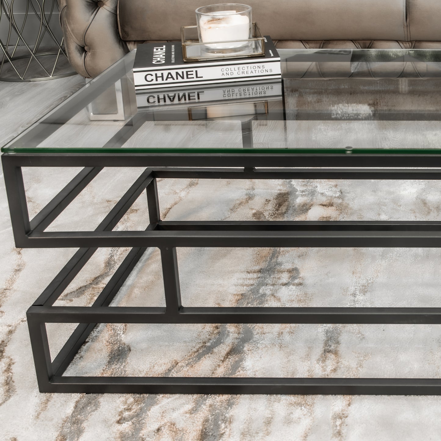 Lina Clear Glass Coffee Table With Matte Black Frame