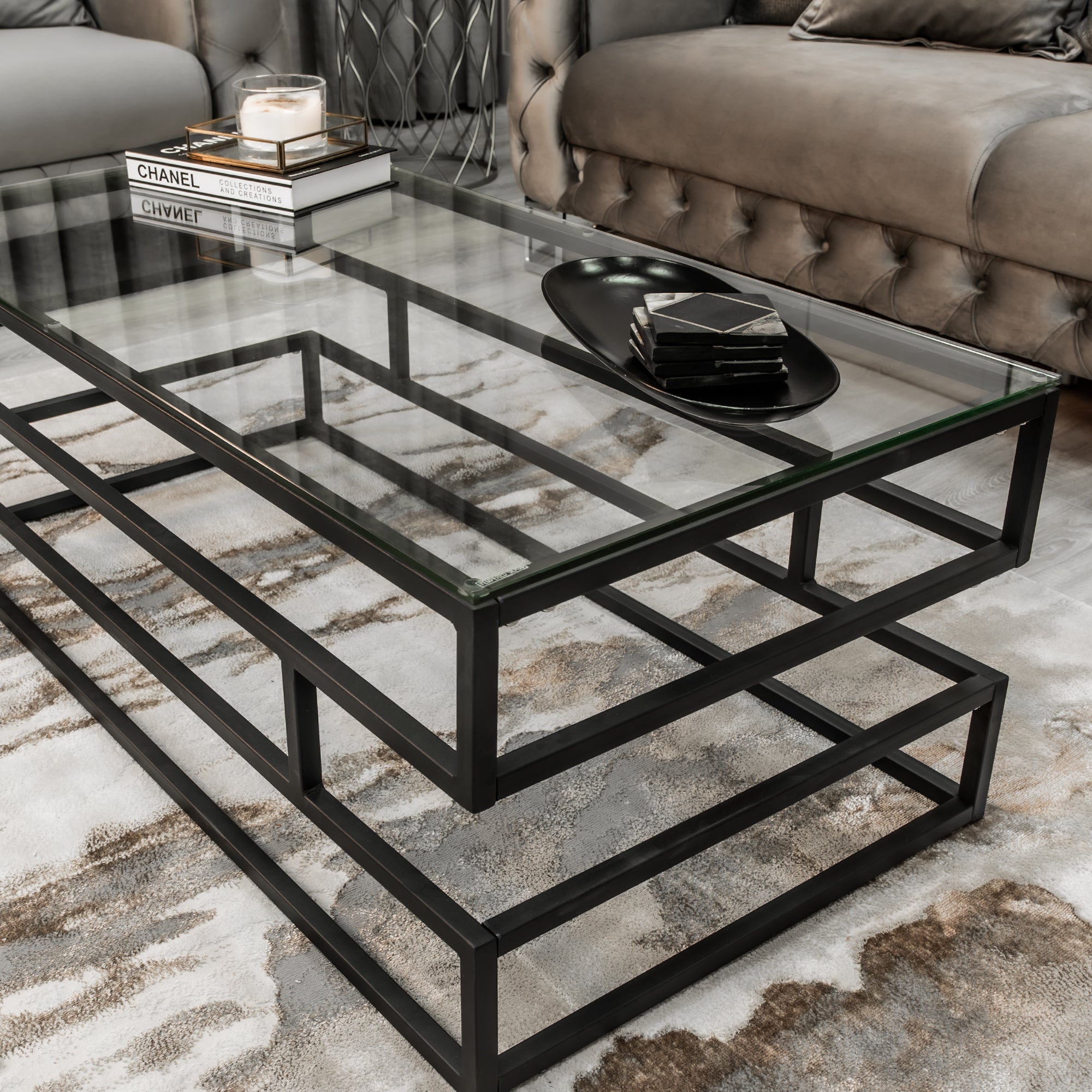 Lina Clear Glass Coffee Table With Matte Black Frame