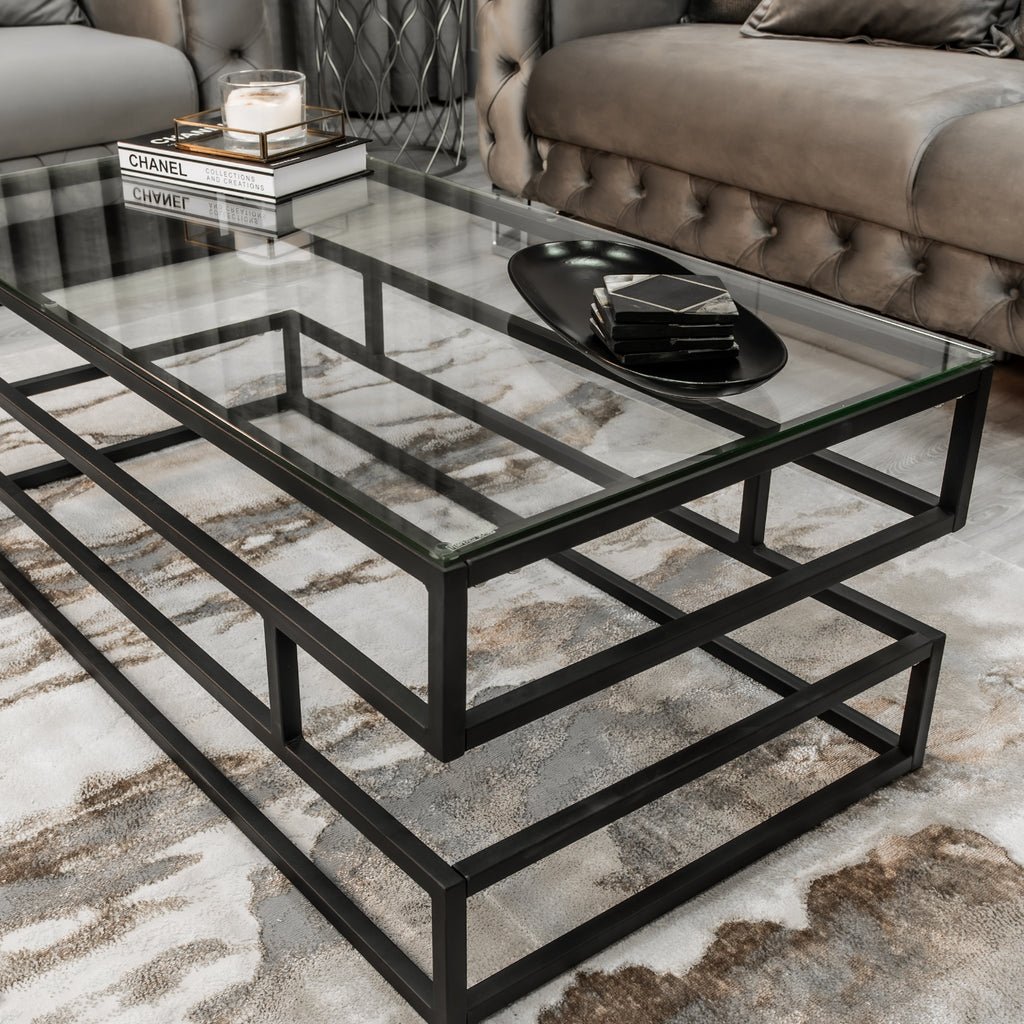 Lina Clear Glass Coffee Table With Matte Black Frame
