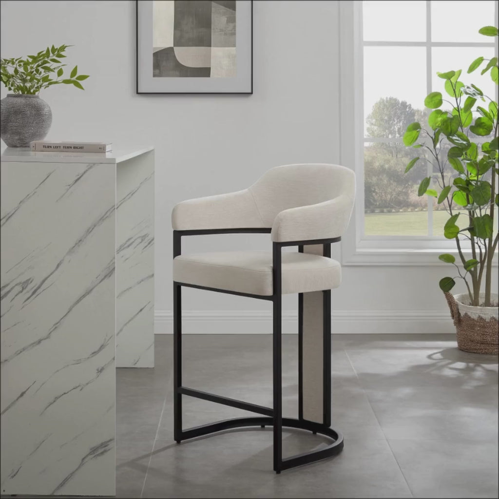 Camilla Curved Cream Chenille Barstool With Black Metal Frame
