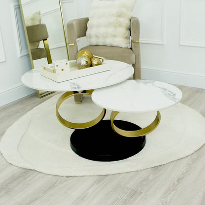 Swivel Coffee Table In White Stone & Gold Base